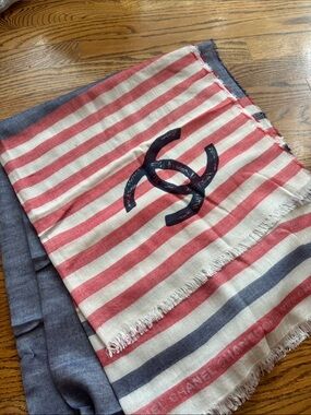 CHANEL Red, White & Navy Striped CC Logo Scarf